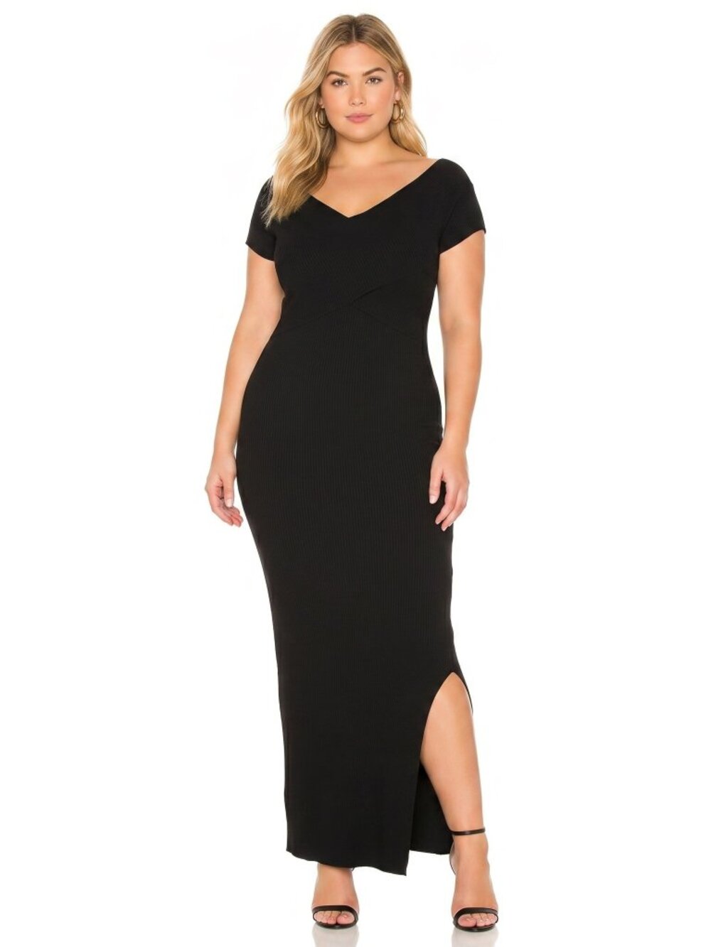 NWT 525 AMERICA Black Double V Sweater Dress 1X Rib Knit Bodycon Maxi Womens New
